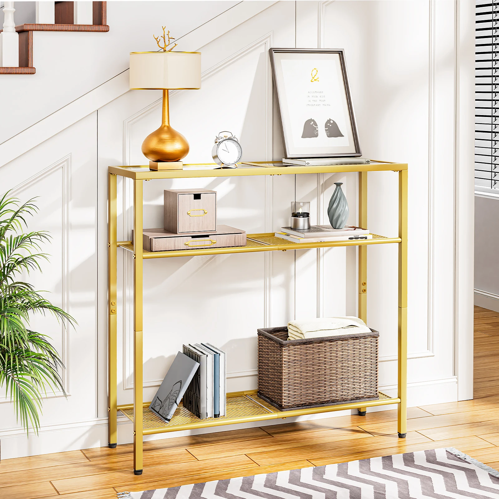 HOOBRO 29.5" Narrow Console Table, 3-Tier Tempered Glass Sofa Table, Small Side Table, Modern Entryway Table