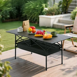 95cm，Height Adjustable Camping Table, Outdoor Folding Camping Table with Mesh Storage/Carrying Bag, Portable Aluminum Roll-up Ta