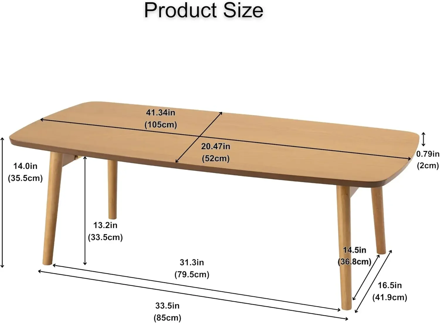 Folding Legs Table W41.3 x D20.5 x H14.0 Inches Natural Oak and Rubber Wood Material Home and Living Coffee Table Natural - Image 3