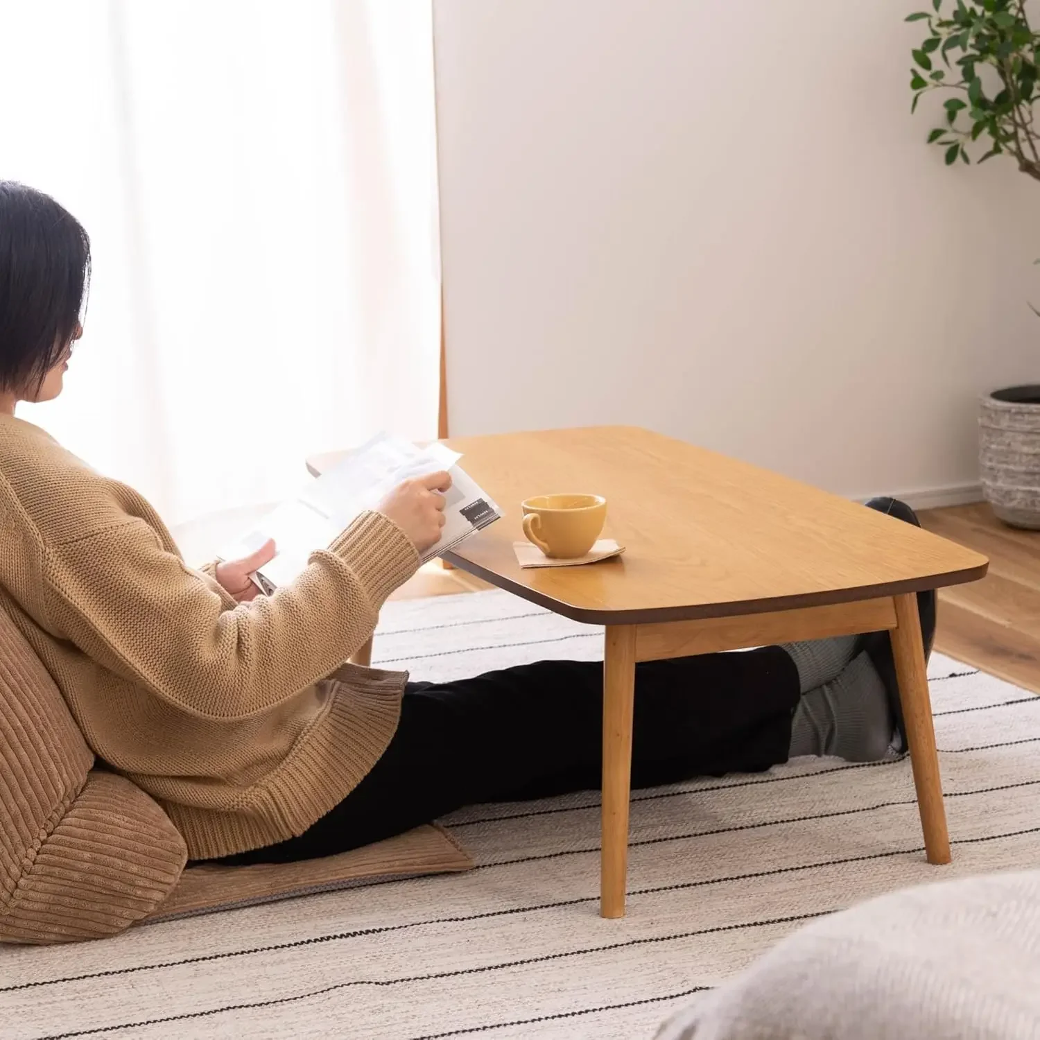 Folding Legs Table W41.3 x D20.5 x H14.0 Inches Natural Oak and Rubber Wood Material Home and Living Coffee Table Natural - Image 4