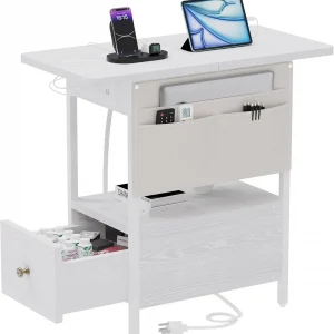 Small Side Table with Charging Station, Narrow Nightstand Bedside Tables with Storage Pocket for Living Room Bedroom, Sofa End T