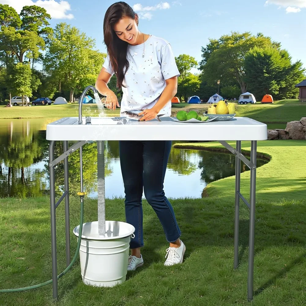 42.5" Fish Cleaning Table with Sink, Folding Camping Table & Fish Cleaning Station with Measure Mark, Camping Sink with Hose Hoo