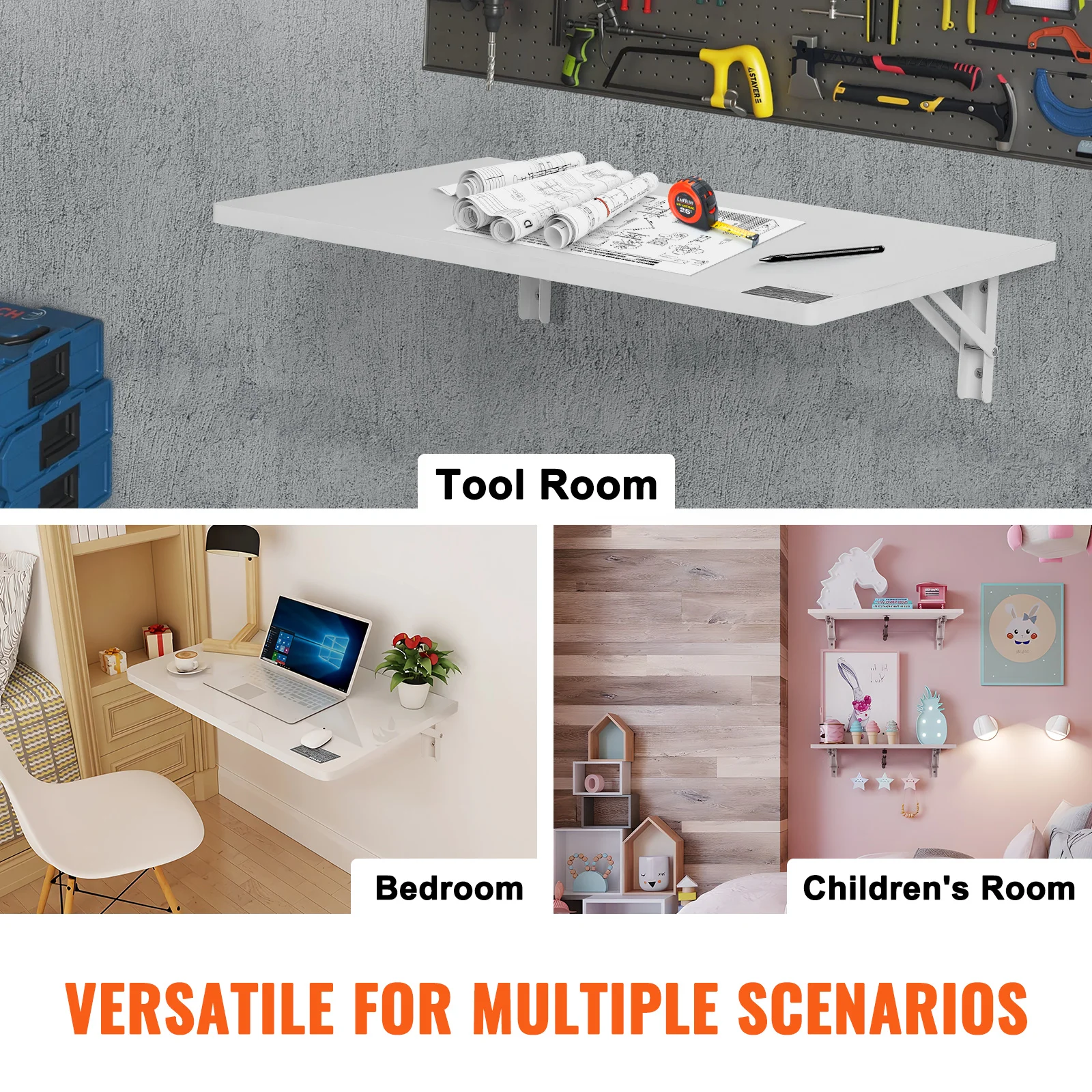 SucceBuy Wall Mounted Folding Table Drop Leaf Floating Desk with Bracket Fold Down for Home Office Room Kitchen Space-Saving - Image 6