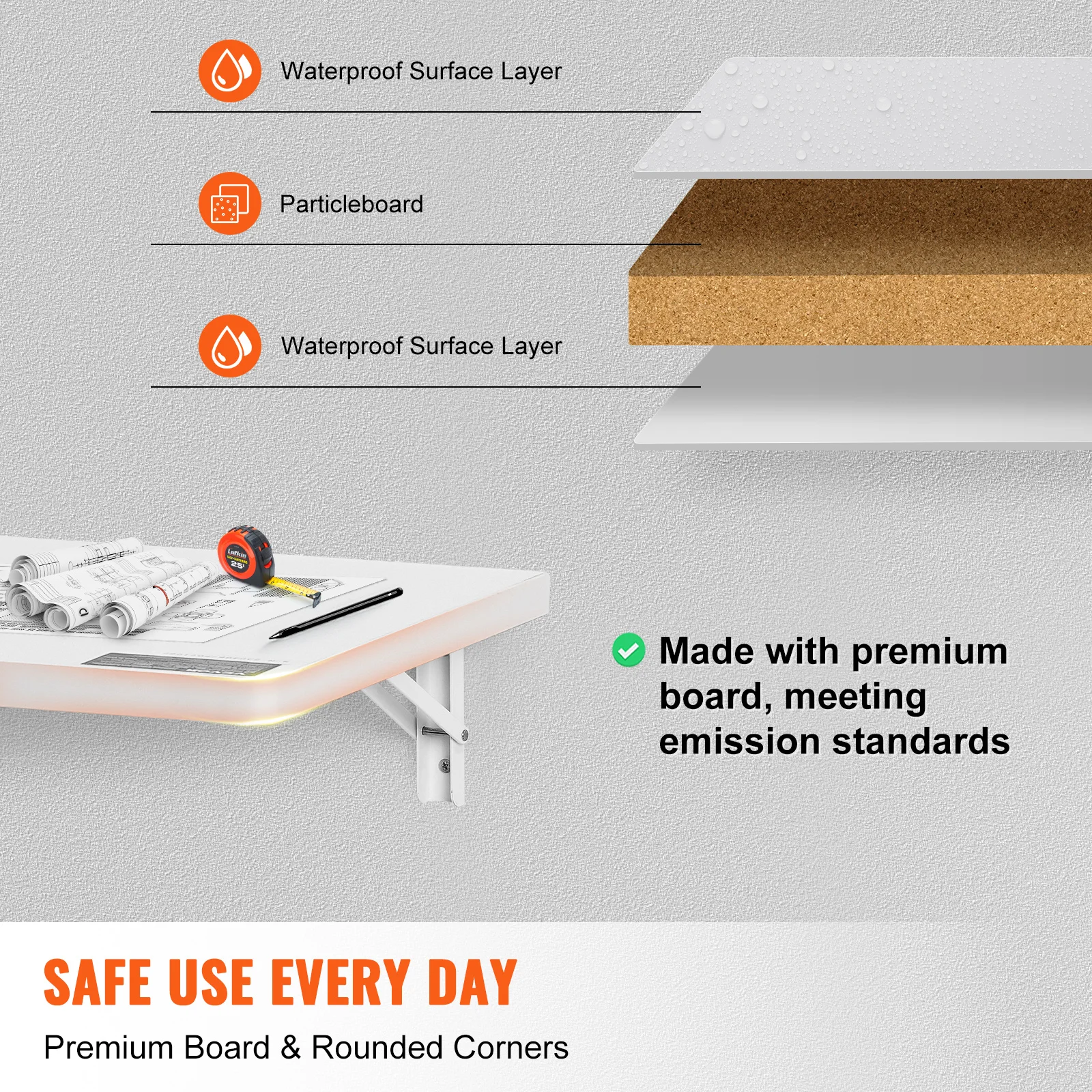 SucceBuy Wall Mounted Folding Table Drop Leaf Floating Desk with Bracket Fold Down for Home Office Room Kitchen Space-Saving - Image 5