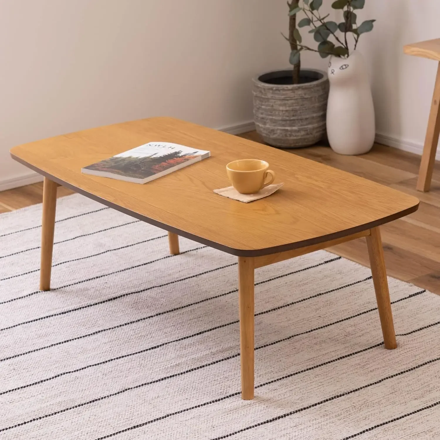 Folding Legs Table W41.3 x D20.5 x H14.0 Inches Natural Oak and Rubber Wood Material Home and Living Coffee Table Natural - Image 2